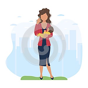 A woman walks with her child while working on the phone.